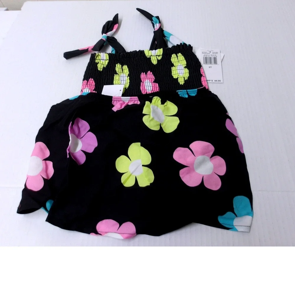 Jessica Simpson Swimsuit Black Smocked Tie Straps & Skirt Cover‎ Up 2T/#26107